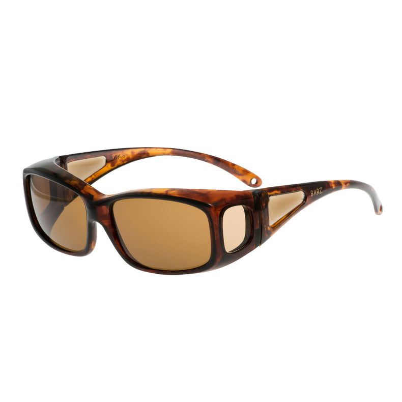 solbriller til brillebruger 1100 Gloss Tortoise (Over Glasses Small Style) Ac Polarised Amber