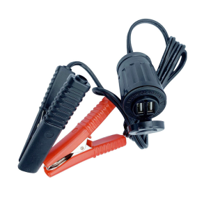 USB Lader dobbelt m/kabel & batteriklemmer