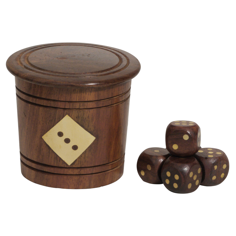 Raflebæger I Træ Med 6 Terninger - Ø8x7½cm