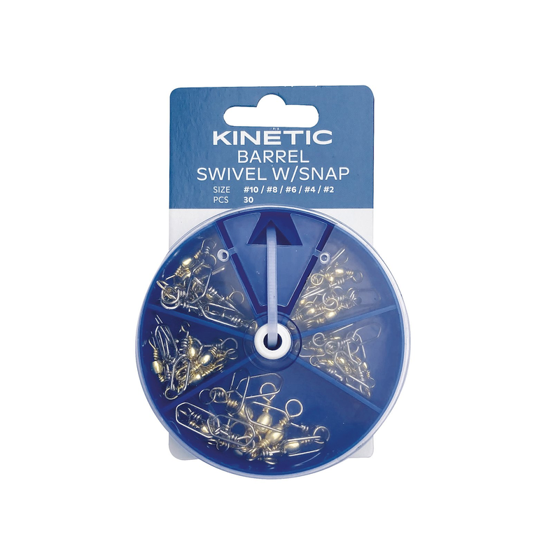 KINETIC BARREL SWIVEL W/SNAP ASSORTMENT #10-8-6-4-2 BRASS