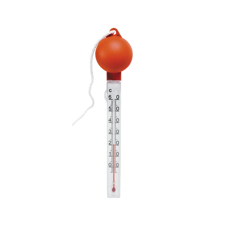 Badevandstermometer i plast med flydende orange bold.