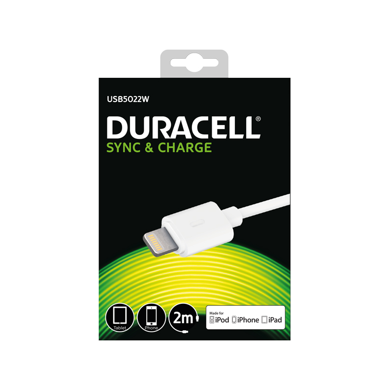 Duracell usb til lightning kabel, 2m (hvid)