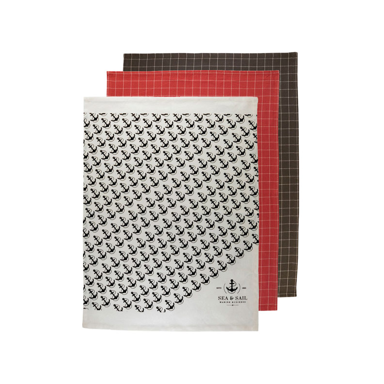 MB Sea & Sail viskestykke 3 stk 70x50 cm - Hvid, r�d og sort
