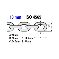 Ankerkde Kalibreret  10mm/ 3/8, ISO4565 Rustfri Stl  (2,2 Kg/M)