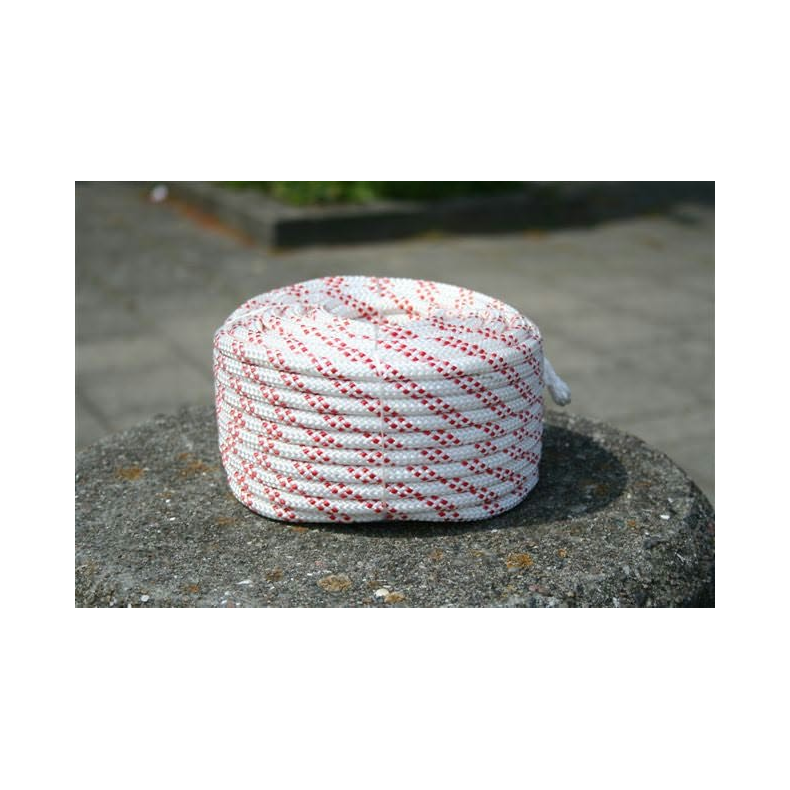 Faldline 8mm 35m hvid/rd, m/je 32- flettet Polyester