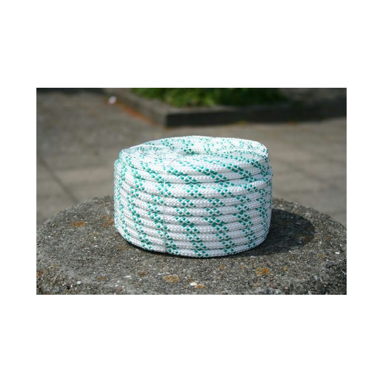 Faldline 10mm 30m hvid/grn, 32- flettet Polyester