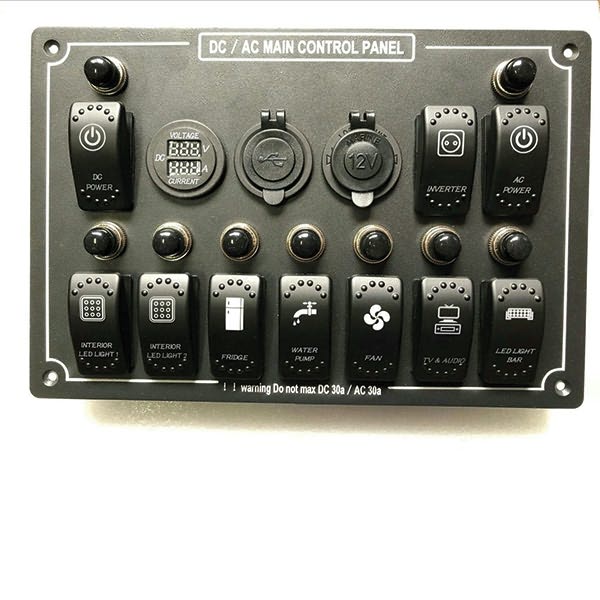 Elpanel - 10 Kontakter Dc Strømudtag, Usb Udtag, Amperemeter/Voltmeter Display